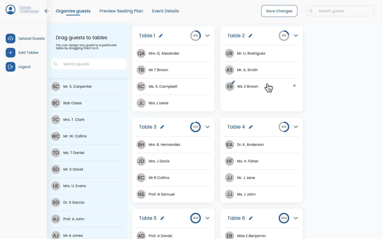 Seating plan dashboard