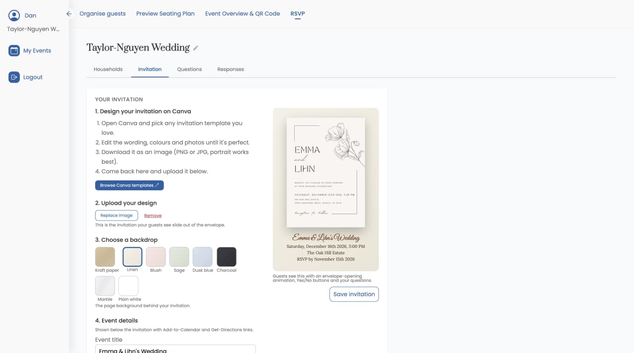 Digital wedding invitation setup: Canva design upload, backdrop choice and invitation preview