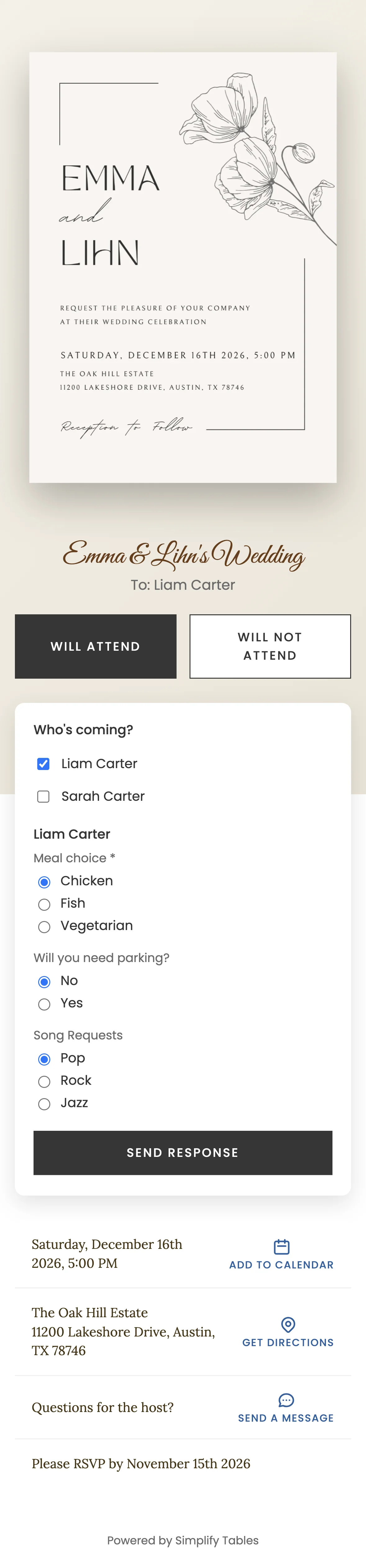Digital wedding invitation with RSVP: Will Attend and Will Not Attend buttons, Add to Calendar and Get Directions on a phone