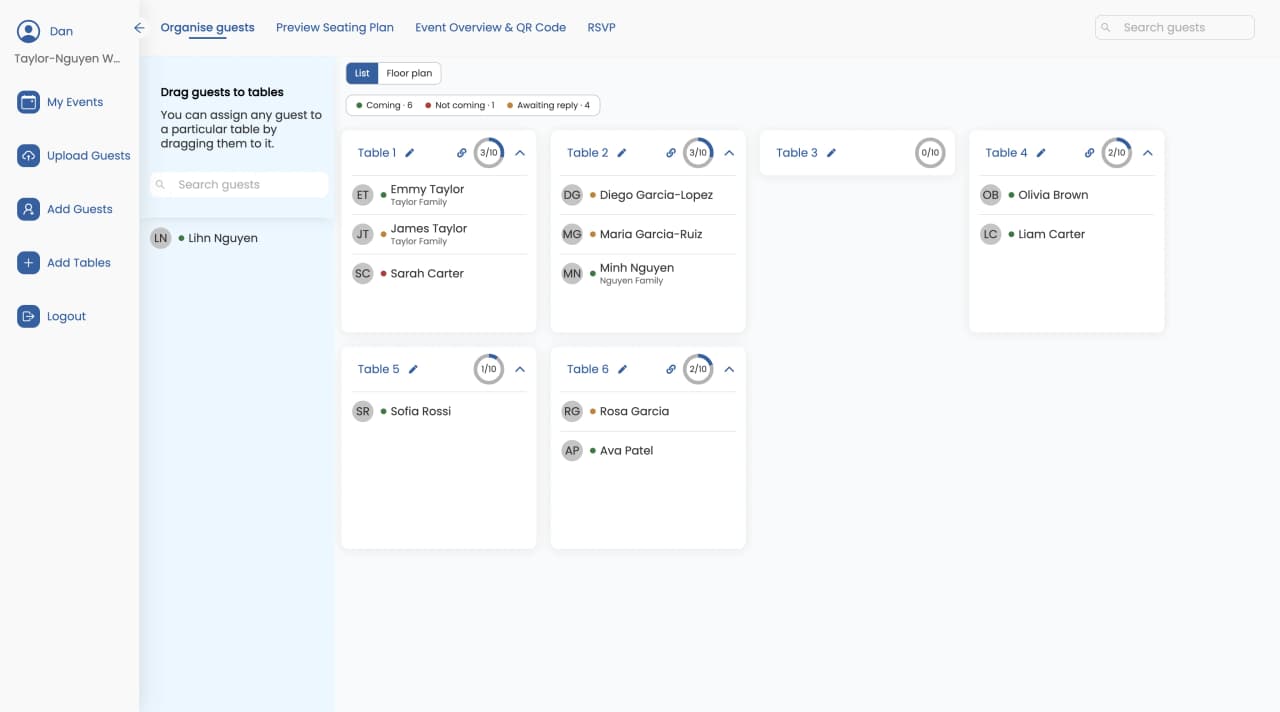 Online RSVP replies shown on a Simplify Tables seating chart: coming, not coming and awaiting reply on every guest